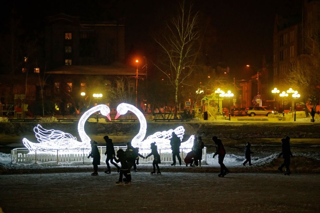 Городское благоустройство, Томские новости, лебеди Белое озеро благоустройство Светодиодные фигуры лебедей останутся на Белом озере в Томске